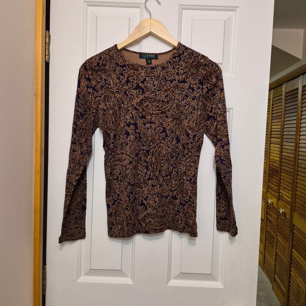 Lauren Ralph Lauren Womens Brown Purple Paisley Cotton Long Sleeve Tee Shirt M